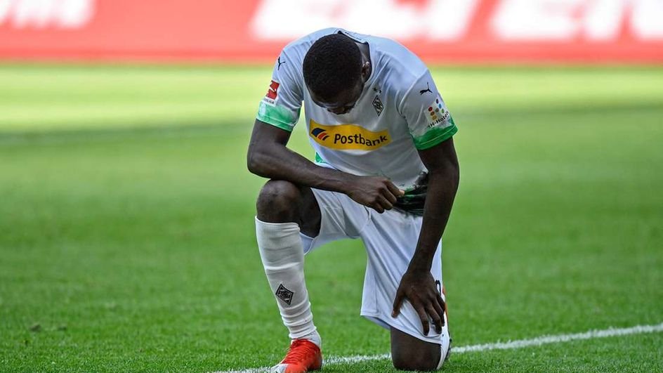 Moenchengladbach's French forward Marcus Thuram reacts after scoring during their German first division Bundesliga match against Union Berlin in Moenchengladbach, western Germany, on May 31, 2020. PHOTO | MARTIN MEISSNER | AFP