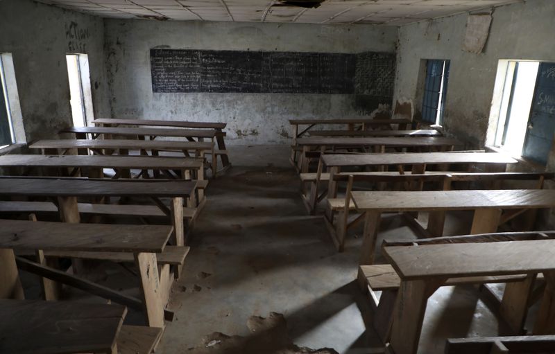 An empty class room following an attack by gunmen at Government Science College, Kagara, Nigeria, Thursday, Feb. 18, 2021. Gunmen have attacked a school in Nigeria's northcentral Niger State, killing at least one student and abducting more than 40 people including students and teachers, according to an official, teacher and a prefect. (AP PHOTO/AP)
