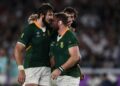 South Africa lock Lood de Jager (L) talks to fellow forward Duane Vermeulen during the 2019 Rugby World Cup final against England in Japan | AFP