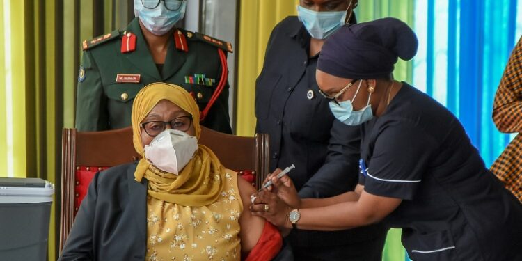 Hassan received a Covid jab live on television as she launched a mass vaccination drive for Tanzania's 58 million-strong population | AFP