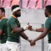 South Africa captain Siya Kolisi (C) congratulates try scorer Aphelele Fassi (R) during a Rugby Championship match against Argentina last weekend | AFP