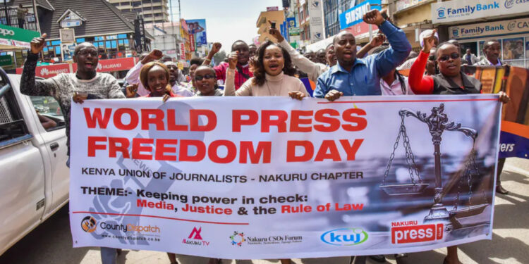 Kenyan journalists and members of civil society marching on the World Press Freedom Day in 2018 | Suleiman Mbatiah/AFP via Getty Images