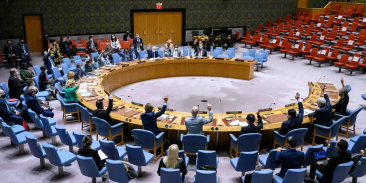 Representatives of the UN Security Council member states raise their hands to vote | Loey Felipe/UN Photo/Handout via Xinhua