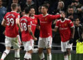 Cristiano Ronaldo (2nd right) celebrates his goal for Manchester United against Tottenham | AFP/Glyn KIRK