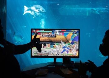 Something fishy: Two gamers fight it out in a popular game with an aquarium in the background at the Africa Games Week in Cape Town | AFP