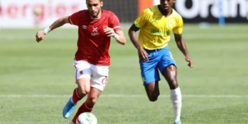 Prolific Mamelodi Sundowns scorer Peter Shalulile (R) playing against Al Ahly of Egypt in the CAF Champions League in Johannesburg last month | AFP/PHILL MAGAKOE