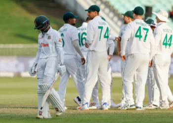 Quick exit: Bangladesh's Mahmudul Hasan walks back to the pavilion after his dismissal by South Africa's Keshav Maharaj | AFP/Marco Longari)
