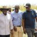 Nairobi Governor Johnson Sakaja (in stripped shirt)  with President William Ruto during a tour of the Galana Kulalu project.Photo/Courtesy