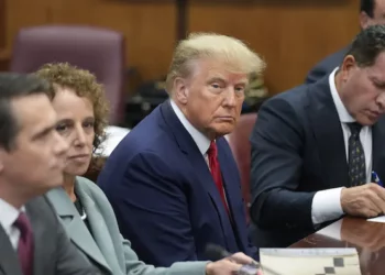 Former president Donald Trump sits at the defence table with his legal team in a Manhattan court. He’s facing charges related to falsifying business records in a hush money investigation, the first U.S. president ever to be charged with a crime.
(AP Photo/Seth Wenig)z