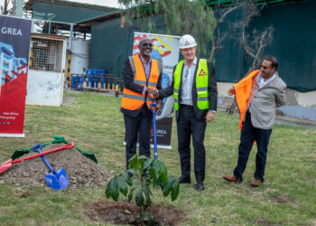 Mbuvi Ngunze, Chairman of Orbit, Donald Borthwick - Managing Director Industrial Structure and Kenya at Grit and Sachen Chandaria -Executive Director of Orbit Products Africa Limited (OPAL) during the ground breaking ceremony of the new warehouse in Nairobi.Photo/Avantika Seeth
