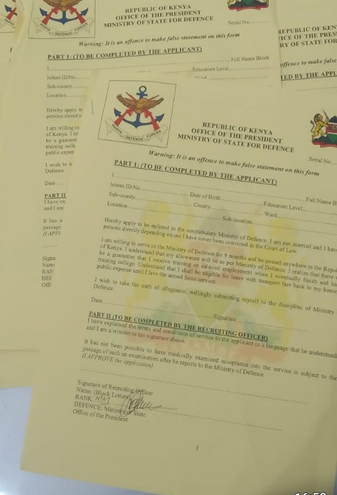 Fake KDF recruitment letters found with the suspect PHOTO/EACC.