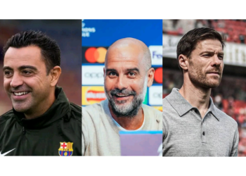 From left Barcelona Coach Xavi Hernandez, Manchester City coach Pep Guardiola and Bayern Leverkusen boss Xavi Alonso. The 3 coaches are unbeaten.